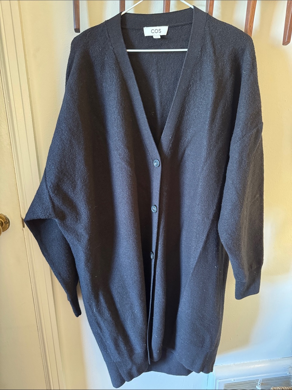 COS Black V-Neck Longline Button-Front Cardigan 100% Wool